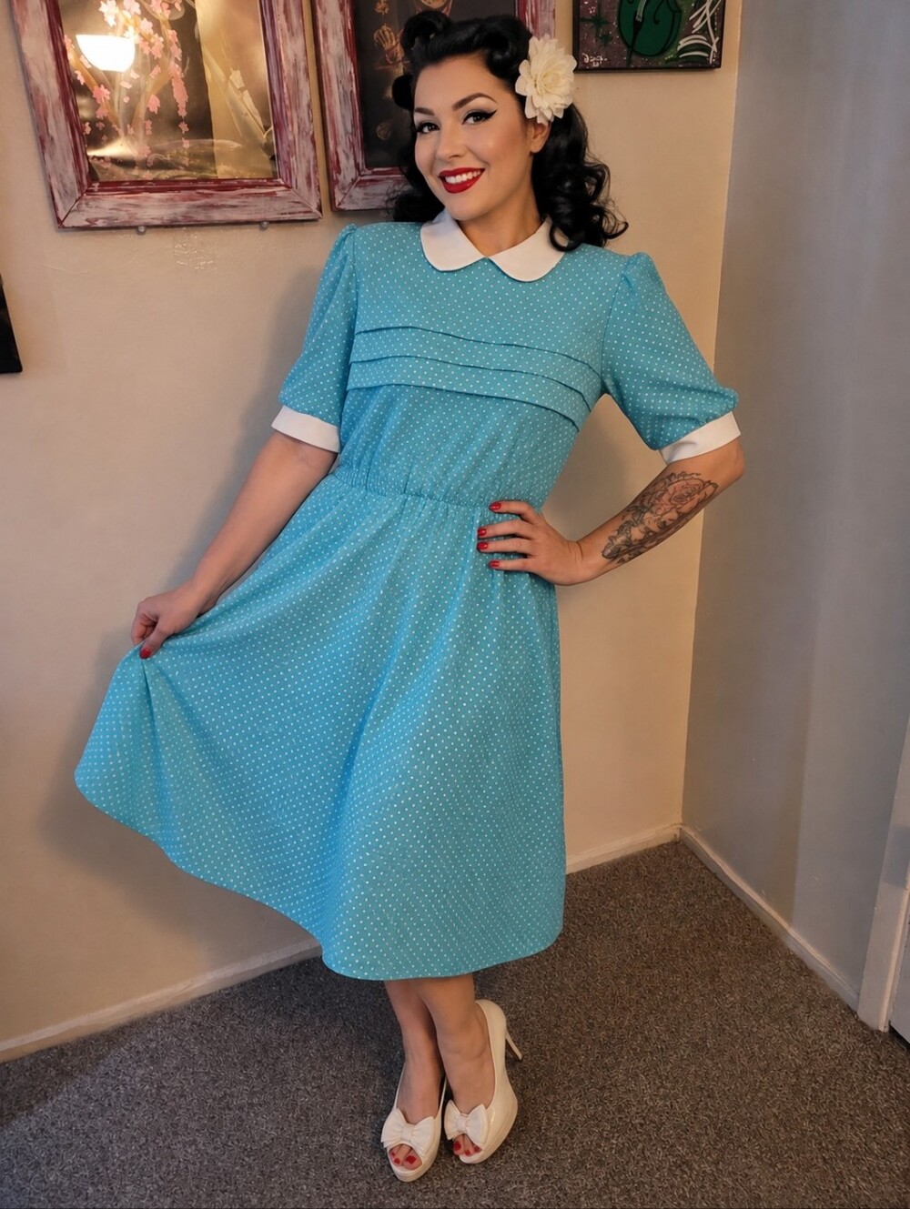 Vintage Blue Polka Dot Dress with White Collar